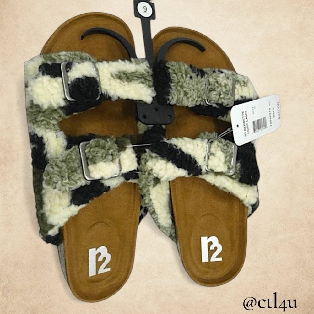 NWT R2 Bernette Camo Faux Fur Sherpa Slides Size 9 Cozy Birkenstock Style